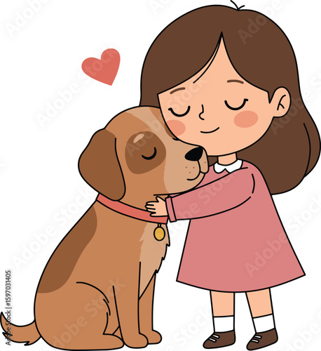 Little kids Hugging Dog with Love Heart Illustration 