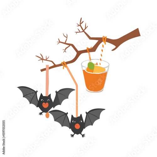 Vector art of cartoon bats hang from a tree branch with a drink for halloween