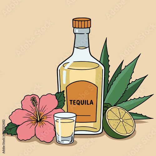  tequila bottle and shot glass, accompanied by a large pink hibiscus flower, spiky agave leaves, and a halved lime. vector illustration 