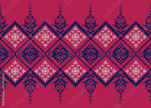 Traditional Thai Pixel Textile Pattern, Geometric Diamond Motif