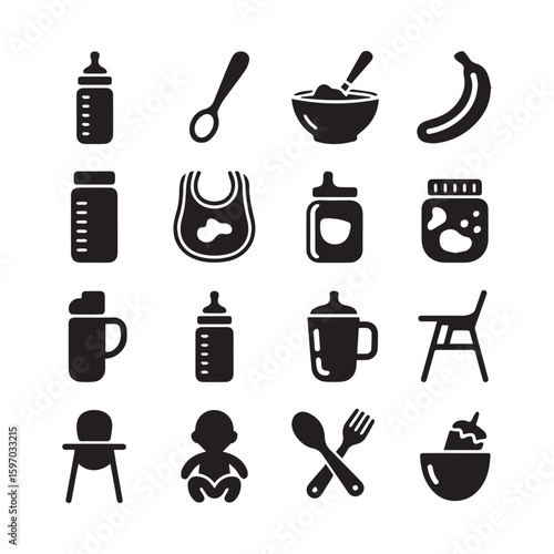 Collection of black baby feeding icons including bottles bibs spoons bowls and high chairs for infant care and nutrition