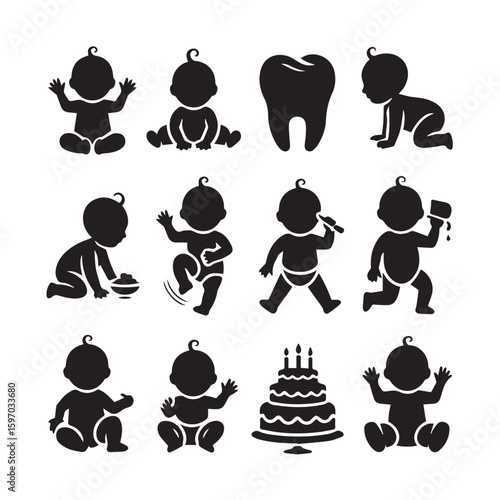 Collection of silhouetted baby icons showing various activities and a large tooth and birthday cake
