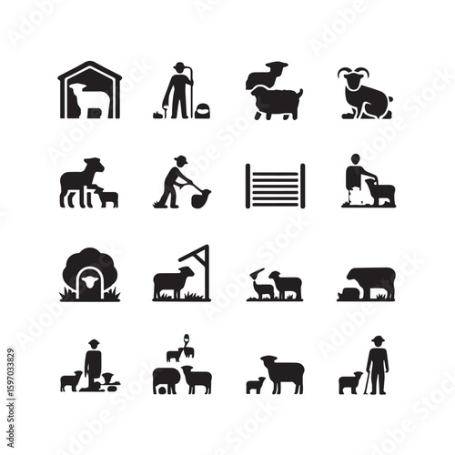 Collection of silhouette icons representing sheep farming activities and farm animals in various settings