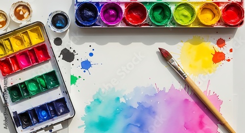 Art Supplies on Wooden Table Watercolor Palette, Brushes, and Paper Outdoors