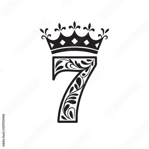 Elegant ornate number seven adorned with a regal crown and intricate floral flourishes on a white background