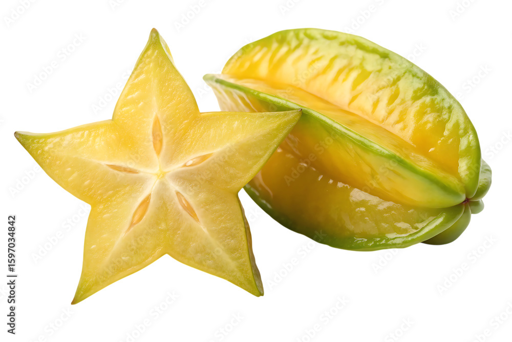 Fototapeta premium Bright yellow star fruit slice and whole fruit with glossy skin and vibrant green edges against black