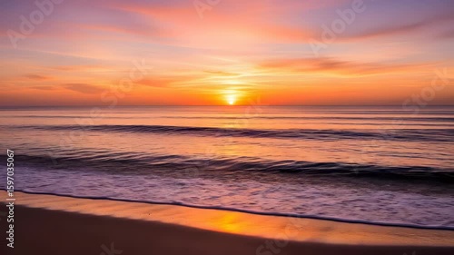 Scenic Beach at Sunset with Waves and Warm Colors Reflecting on the Water and Sand on a Sunny Day