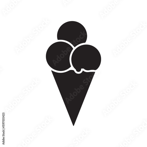 Simple black silhouette of a classic ice cream cone with three scoops of ice cream on a white background