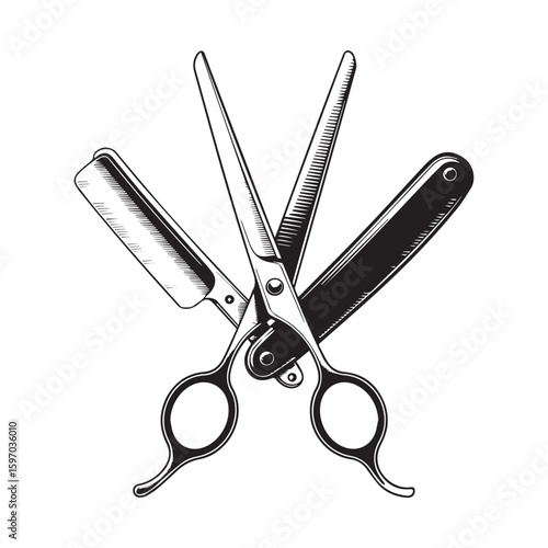 Vintage illustration of crossed barber scissors and straight razor symbolizing classic grooming and traditional barbershop tools