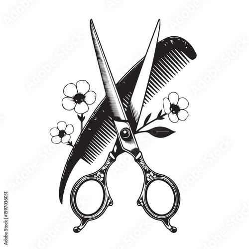 Vintage style scissors and comb with delicate flowers symbolizing hairdressing beauty and creative styling