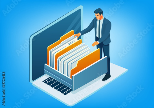 Illustration of a businessman searching for a file in a digital drawer of a laptop.