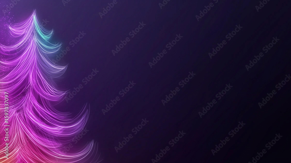 Fototapeta premium Vibrant abstract christmas tree design with colorful lights on dark blue empty background. Template for greeting cards, invitations, New Year banners