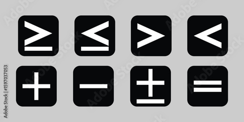 Collection of mathematical symbols including greater than less than plus minus and equal signs