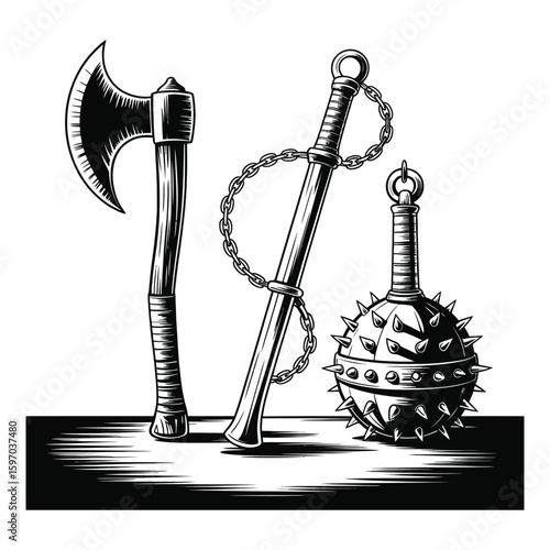 Black and White Medieval Weapons Axe Mace and Flail Illustration