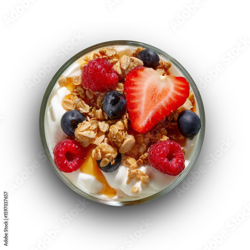 Healthy yogurt mix with granola and colorful berries, topped with golden honey, served in a glass bowl, viewed from above on transparent PNG.  