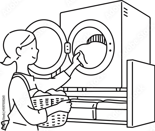 乾燥機から洗濯物を取り出すお母さん_線画