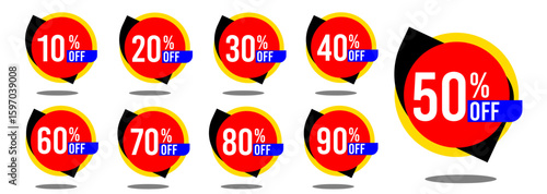 10% off 20% off 30% off 40% off 50% off 60% off 70% off 80% off 90% off ten twenty thirty forty fifty sixty seventy eighty ninety percent off, retail discount, promotion, sale, percentage, set.