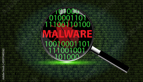 Magnifying Glass Focused on Malware word and Binary code – Cybersecurity Alert Concept.