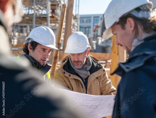 Wallpaper Mural Construction Team Examining Blueprints at Building Site for Progress and Accuracy, ensuring compliance with safety and quality standards. Torontodigital.ca