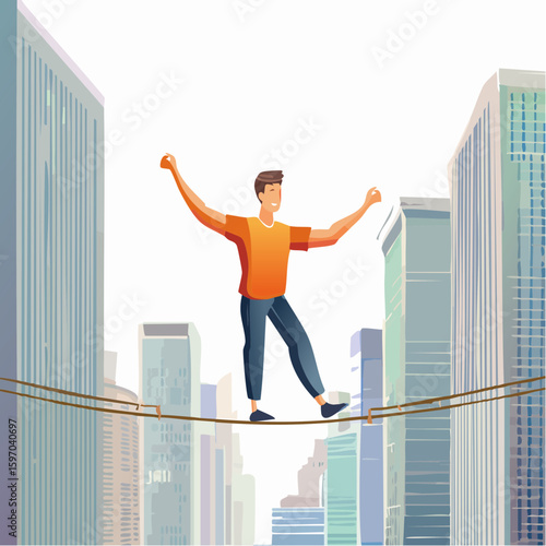 Figure walking between buildings on a rope, symbolizing pressure, balance, and danger in idiom vector illustration.