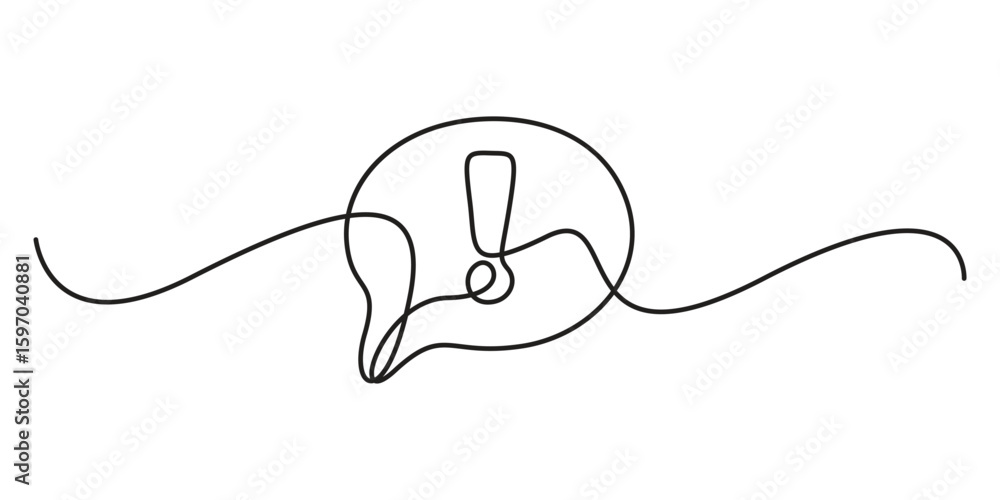 Obraz premium Continuous one line drawing of Exclamation mark with speech bubbles outline graphic vector illustration