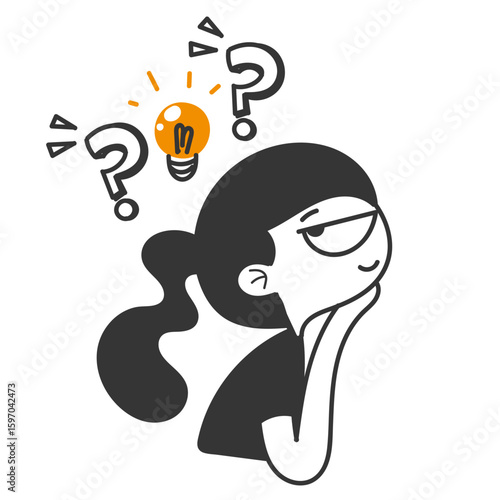 Thoughtful cute young woman, questions and idea illustration in doodle cartoon