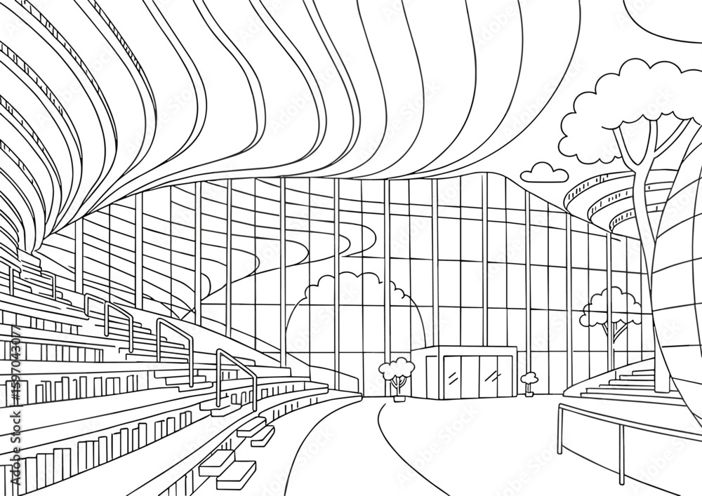 Obraz premium Futuristic Library Interior with Curved Bookshelves and Central Spherical Design, China, coloring page