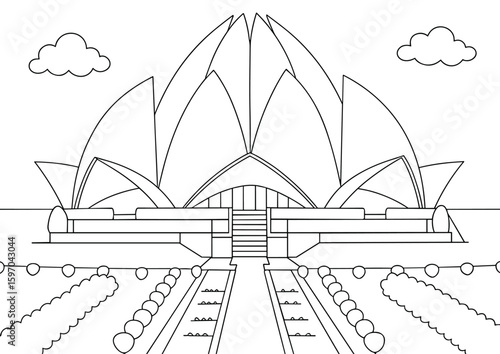 Flower-Inspired Modern Religious Building, Architectural Landmark in New Delhi, India, coloring page