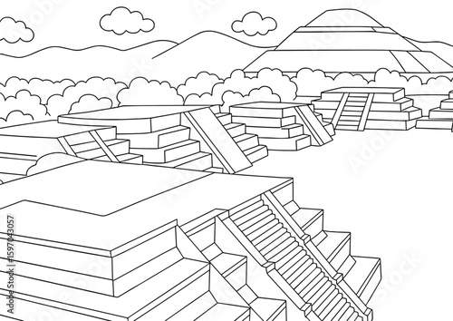 Ancient Pre-Columbian Pyramid and Archaeological Site in Mexico, coloring page