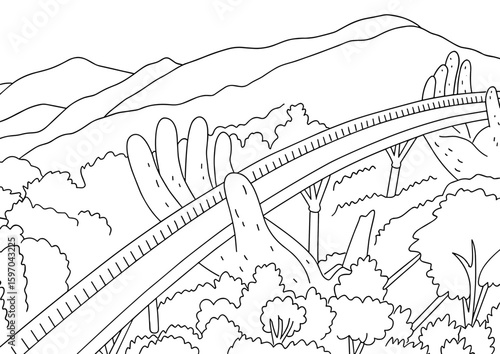 Scenic Bridge Supported by Giant Stone Hands, Architectural Landmark in Da Nang, Vietnam, coloring page