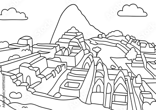 Ancient Inca City of Machu Picchu and Huayna Picchu Mountain, Peru, coloring page