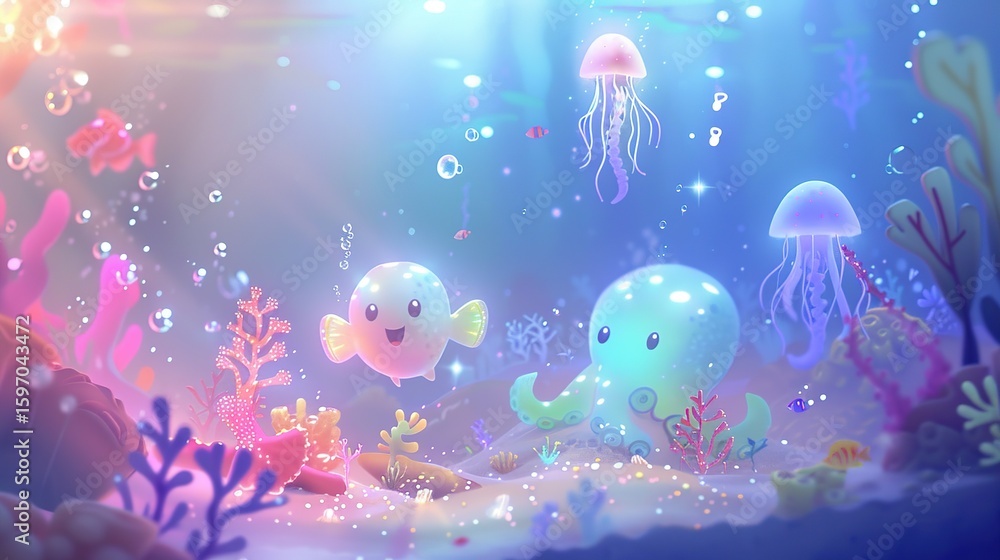 Fototapeta premium Sparkle Reef: A Whimsical Luminescent Coral Landscape, Where Pastel Glows and Friendly Marine Creatures Delight Young Imaginations
