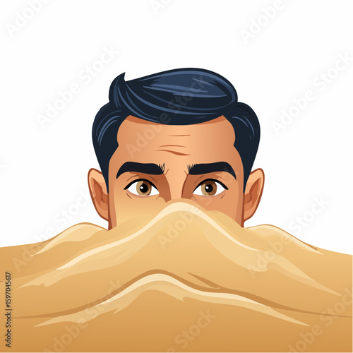 Person with head buried in sand, visual metaphor for denial, avoidance, or escape from truth, shown in vector style.