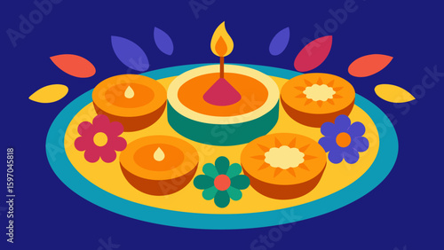 Diwali Thali with Orange Diyas Sweets Flowers candles