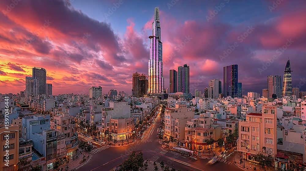 Obraz premium Colorful cityscape at sunset over urban intersection.