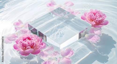 Delicate pink peonies and petals float on rippling water around a clear glass cube.
