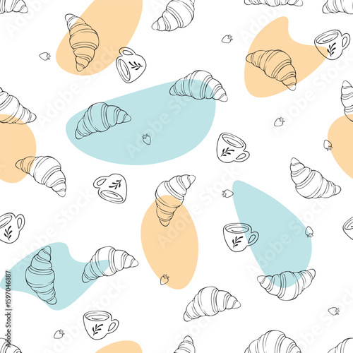 Seamless vector pattern with croissants and coffee for packaging, textile design, wallpapers, cafe menus and kitchen decor, hand-drawn