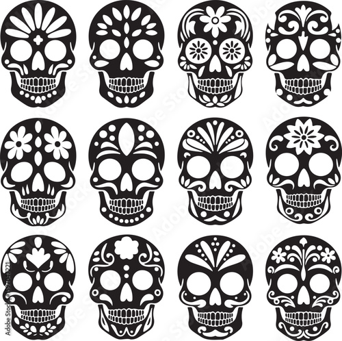 Black decorative skulls floral patterns day of the dead