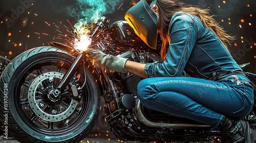 A female mechanic, clad in denim, skillfully welds a custom motorcycle, sparks flying. The image is dramatic, showcasing both her expertise and the powerful machine.