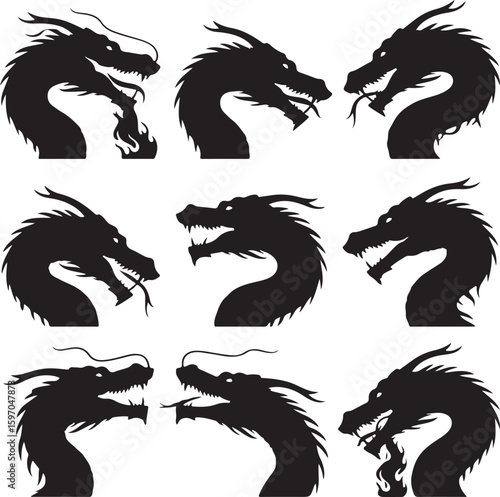 Black dragon heads with flames and sharp teeth silhouette