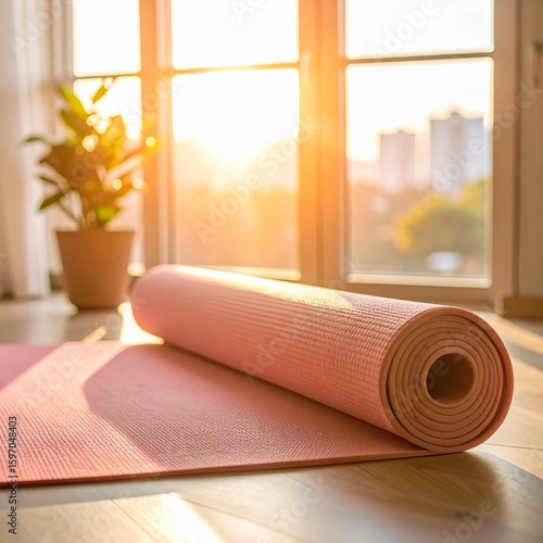 pink yoga mat on the floor by a window