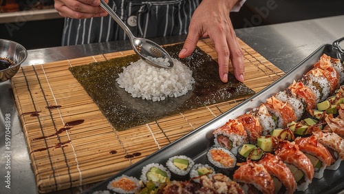 Sushi chef carefully spreads rice on nori seaweed with a spoon on bamboo mat