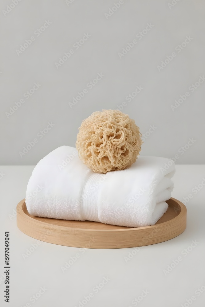 Obraz premium Soft cotton towel neatly folded on a wooden tray with a natural loofah sponge ball on top, showcasing minimalist spa decor and wellness aesthetics in neutral lighting