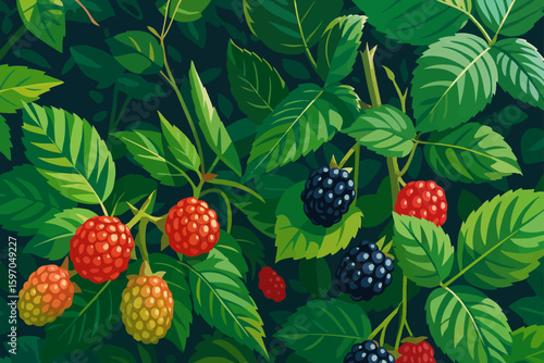 This is a vibrant digital illustration of a blackberry bush with leaves and fruits in various stages of ripeness. The unripe berries are green and red, while the ripe ones are deep purple-black. The l