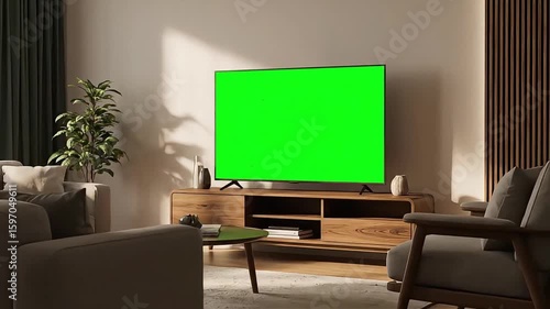 Empty Modern Living Room with Large Flat Screen TV and Cozy Sofa Scene