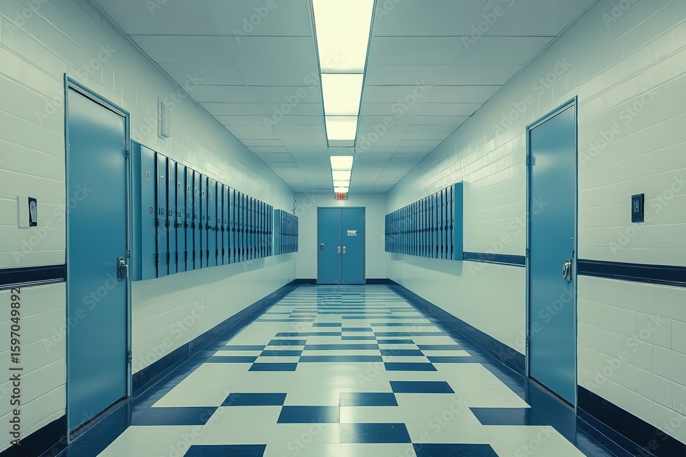 Fototapeta premium A photograph of the interior hallway in an American high school, with white walls and black square patterns on the floor, two blue doors at one end leading to lockers with blue accent lines.