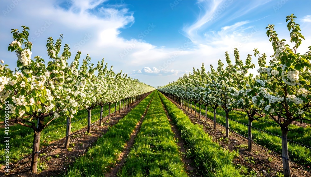 Obraz premium Blooming orchard rows under a blue sky