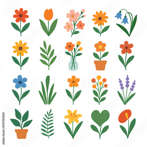 화사한 꽃과 튤립, 화분 구성의 식물 벡터 일러스트 디자인 모음
