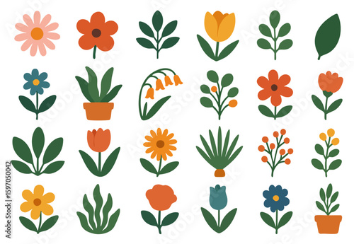 화사한 꽃과 튤립, 화분 구성의 식물 벡터 일러스트 디자인 모음