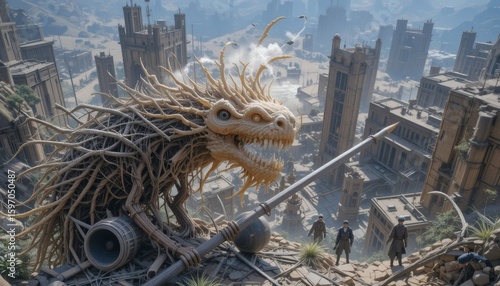 Whimsical city skyline guardian a dragon formed from branches stands protectively against urban